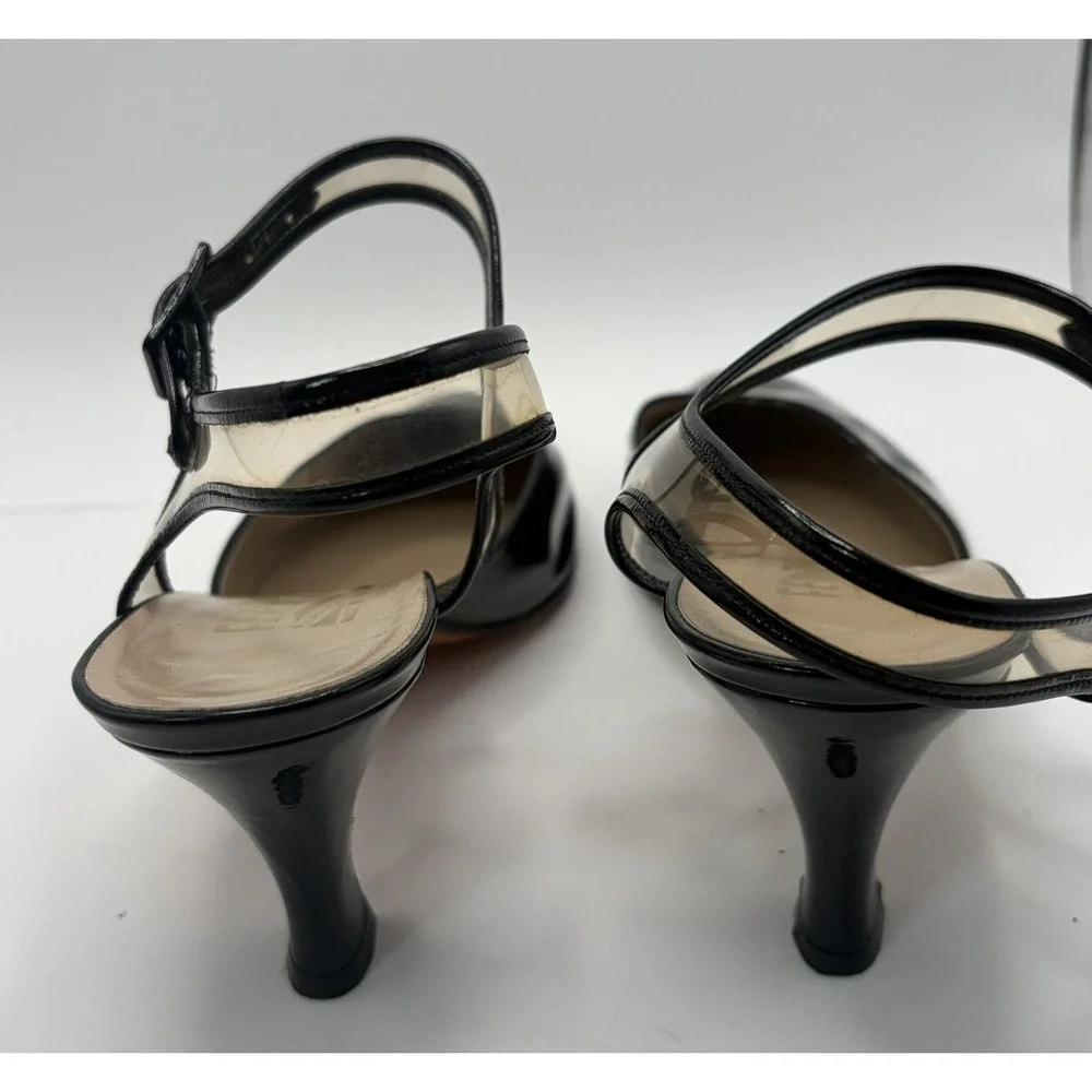 Salvatore Ferragamo Black Patent Leather PVC Ankle Strap Pumps Heels 7.5 B Italy